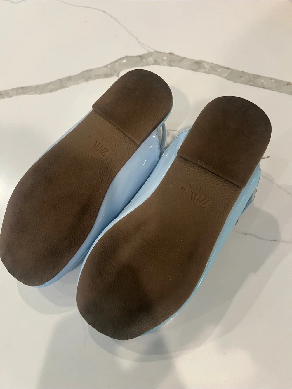 ZARA Girls Patent Mary Jane Ballet Flats with Bow - Light Blue